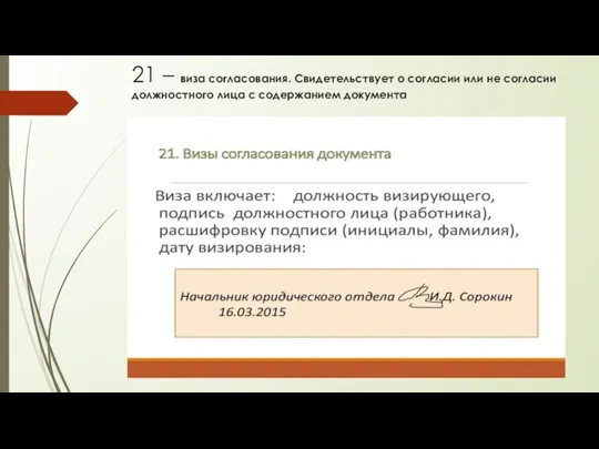 21 – виза согласования. Свидетельствует о согласии или не согласии должностного лица с содержанием документа