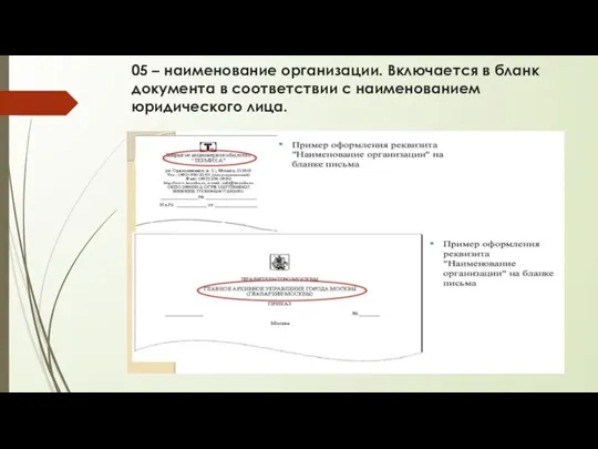 05 – наименование организации. Включается в бланк документа в соответствии с наименованием юридического лица.