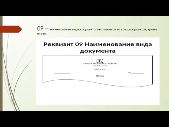 09 – наименование вида документа, указывается на всех документах, кроме писем