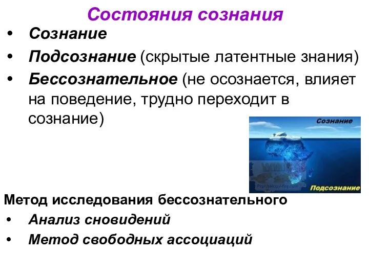 Состояния сознания Сознание Подсознание (скрытые латентные знания) Бессознательное (не осознается, влияет на