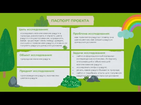 ПАСПОРТ ПРОЕКТА Цель исследования: исследовать возникновение радуги в природе, рассмотреть и изучить