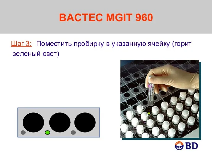 BACTEC MGIT 960 Шаг 3: Поместить пробирку в указанную ячейку (горит зеленый свет)