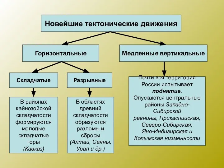 Новейшие тектонические движения Горизонтальные Медленные вертикальные Складчатые Разрывные В районах кайнозойской складчатости