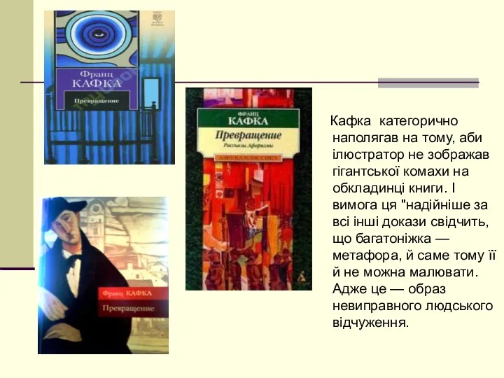 Кафка категорично наполягав на тому, аби ілюстратор не зображав гігантської комахи на