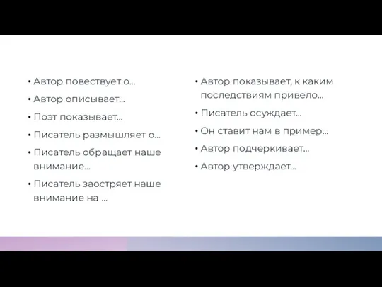 Автор повествует о… Автор описывает… Поэт показывает… Писатель размышляет о… Писатель обращает