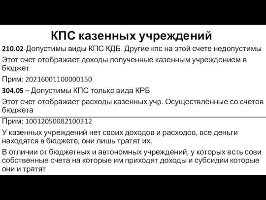 КПС казенных учреждений 210.02-Допустимы виды КПС КДБ. Другие кпс на этой счете