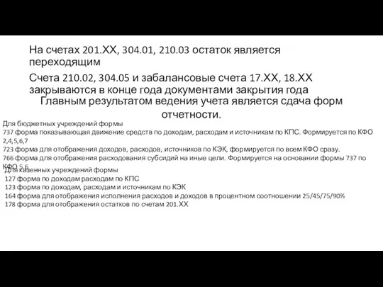 На счетах 201.ХХ, 304.01, 210.03 остаток является переходящим Счета 210.02, 304.05 и