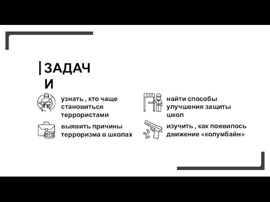 ЗАДАЧИ узнать , кто чаще становиться террористами найти способы улучшения защиты школ