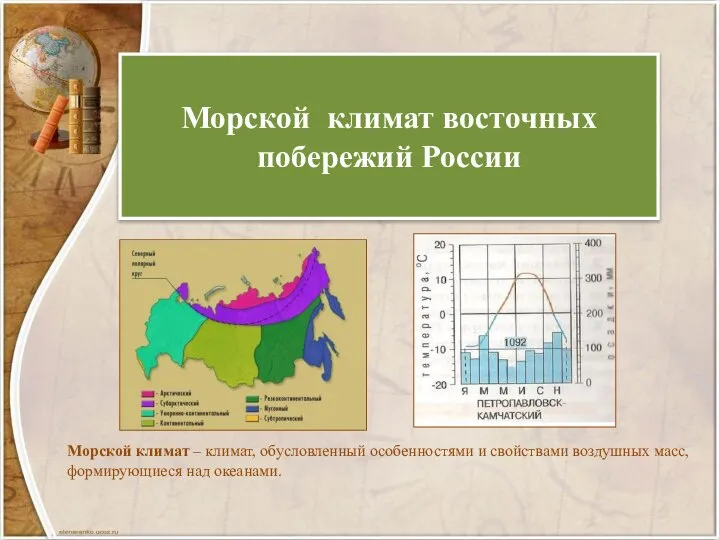 Морской климат восточных побережий России Морской климат – климат, обусловленный особенностями и