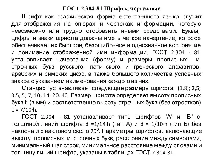 ГОСТ 2.304-81 Шрифты чертежные Шрифт как графическая форма естественного языка служит для