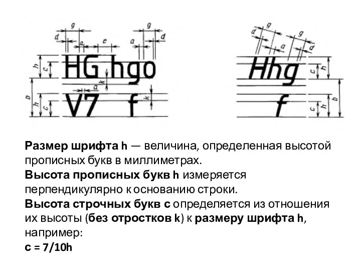 Размер шрифта h — величина, определенная высотой прописных букв в миллиметрах. Высота