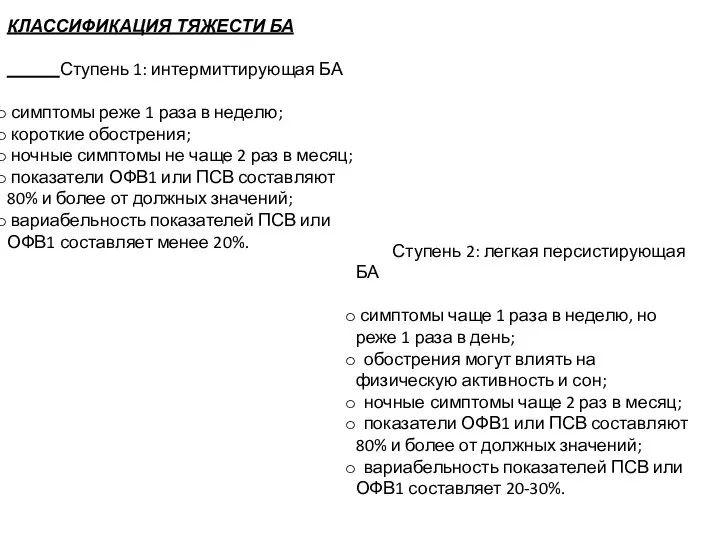 КЛАССИФИКАЦИЯ ТЯЖЕСТИ БА Ступень 1: интермиттирующая БА симптомы реже 1 раза в