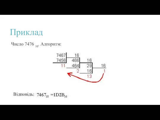 Приклад Число 7476 10. Алгоритм: Відповідь: