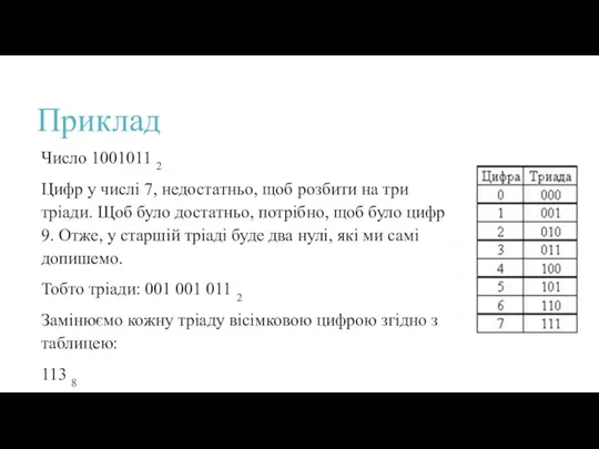 Приклад Число 1001011 2 Цифр у числі 7, недостатньо, щоб розбити на