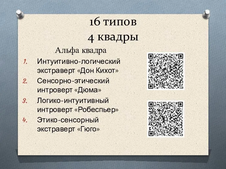 16 типов 4 квадры Альфа квадра Интуитивно-логический экстраверт «Дон Кихот» Сенсорно-этический интроверт