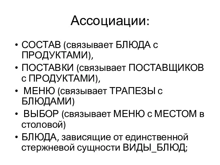 Ассоциации: СОСТАВ (связывает БЛЮДА с ПРОДУКТАМИ), ПОСТАВКИ (связывает ПОСТАВЩИКОВ с ПРОДУКТАМИ), МЕНЮ