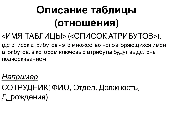 Описание таблицы(отношения) ( ), где список атрибутов - это множество неповторяющихся имен