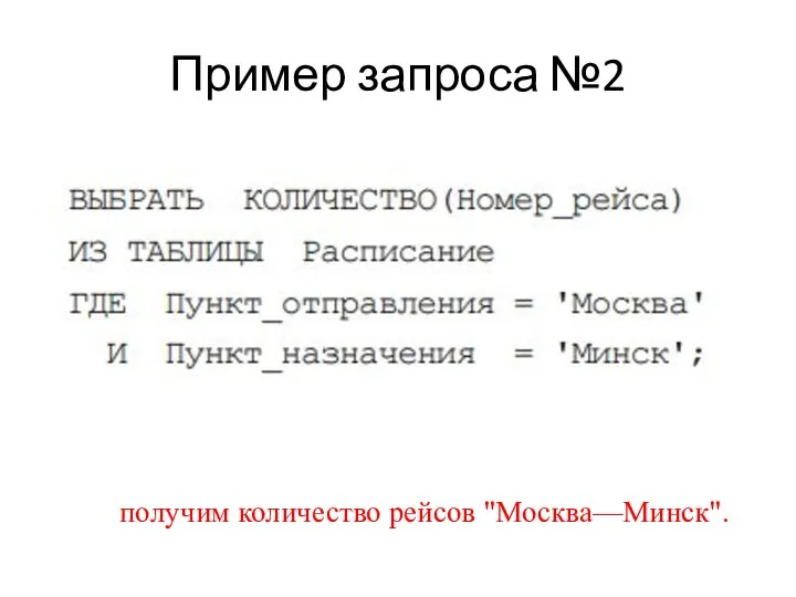 Пример запроса №2 получим количество рейсов "Москва—Минск".