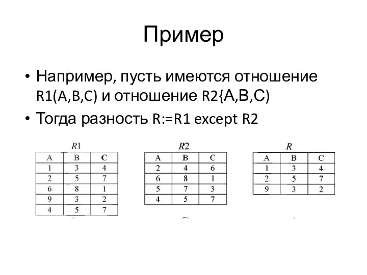 Пример Например, пусть имеются отношение R1(A,B,C) и отношение R2{А,В,С) Тогда разность R:=R1 except R2