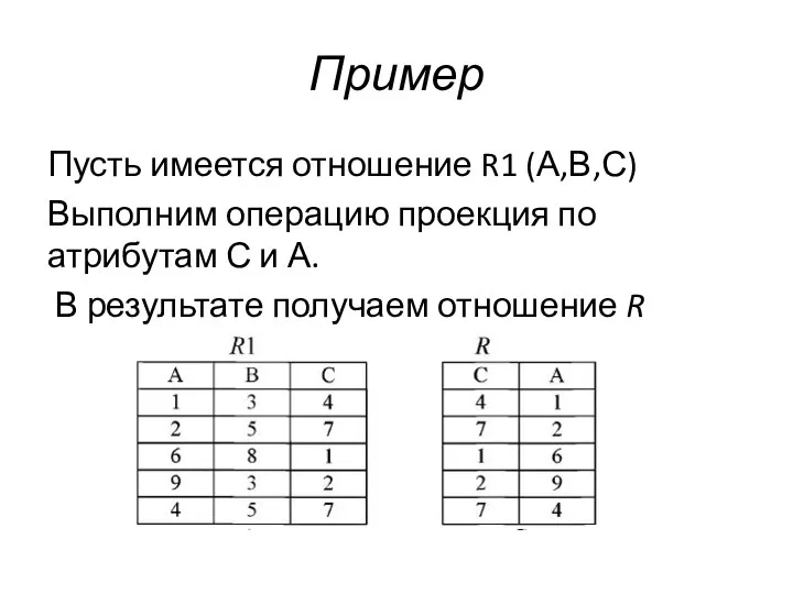 Пример Пусть имеется отношение R1 (А,В,С) Выполним операцию проекция по атрибутам С