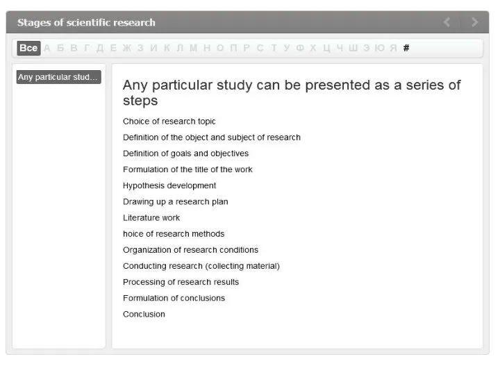 Stages of scientific research. Any particular study can be presented as a