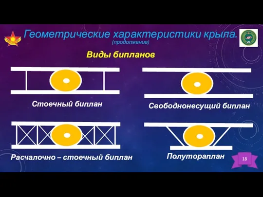 Стоечный биплан Свободнонесущий биплан Расчалочно – стоечный биплан Полутораплан Виды бипланов 18 Геометрические характеристики крыла. (продолжение)