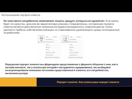 Портрет клиента. Как используем портрет клиента Использование портрета клиента Не зная своего