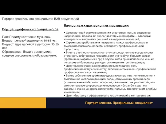 Портрет профильных специалистов Пол: Преимущественно мужчины. Возраст целевой аудитории: 30-65 лет. Возраст