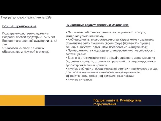 Портрет руководителя Пол: преимущественно мужчины Возраст целевой аудитории: 35-65 лет Возраст ядра