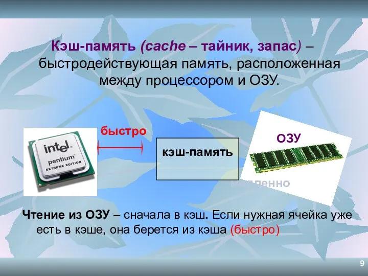 Кэш-память (cache – тайник, запас) – быстродействующая память, расположенная между процессором и