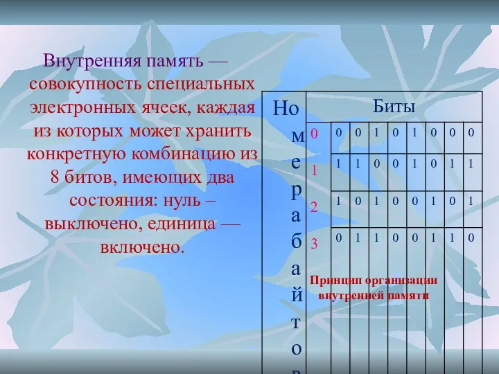 Внутренняя память — совокупность специальных электронных ячеек, каждая из которых может хранить