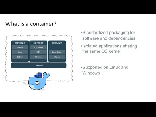 Standardized packaging for software and dependencies Isolated applications sharing the same OS