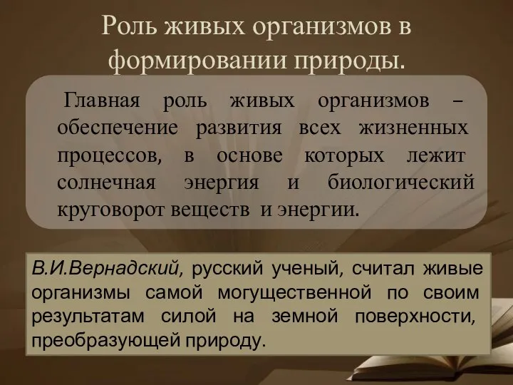 Роль живых организмов в формировании природы. Главная роль живых организмов – обеспечение