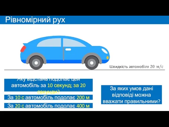 Рівномірний рух Яку відстань подолає цей автомобіль за 10 секунд; за 20