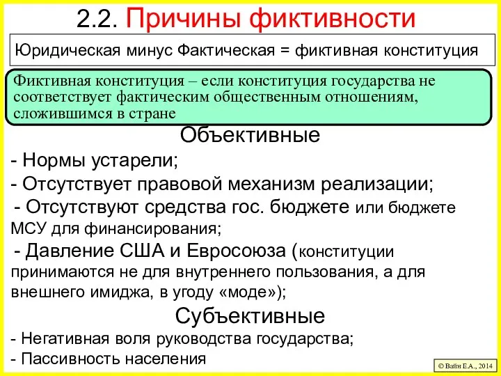 2.2. Причины фиктивности Почему часть норм или вся конституция не действует? Объективные