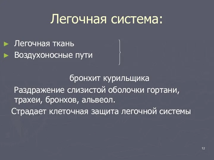 Легочная система: Легочная ткань Воздухоносные пути бронхит курильщика Раздражение слизистой оболочки гортани,