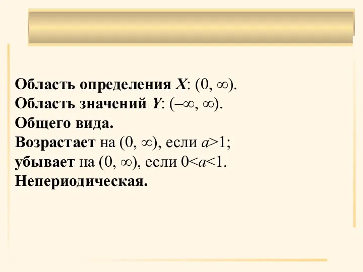 . Область определения X: (0, ∞). Область значений Y: (–∞, ∞). Общего