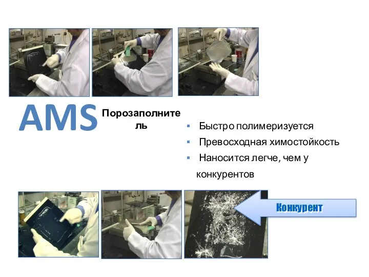 AMS Конкурент Порозаполнитель Быстро полимеризуется Превосходная химостойкость Наносится легче, чем у конкурентов