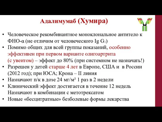 Адалимумаб (Хумира) Человеческое рекомбинантное моноклональное антитело к ФНО-α (не отличим от человеческого