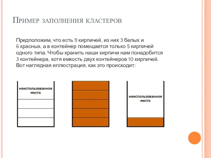 Пример заполнения кластеров Предположим, что есть 9 кирпичей, из них 3 белых