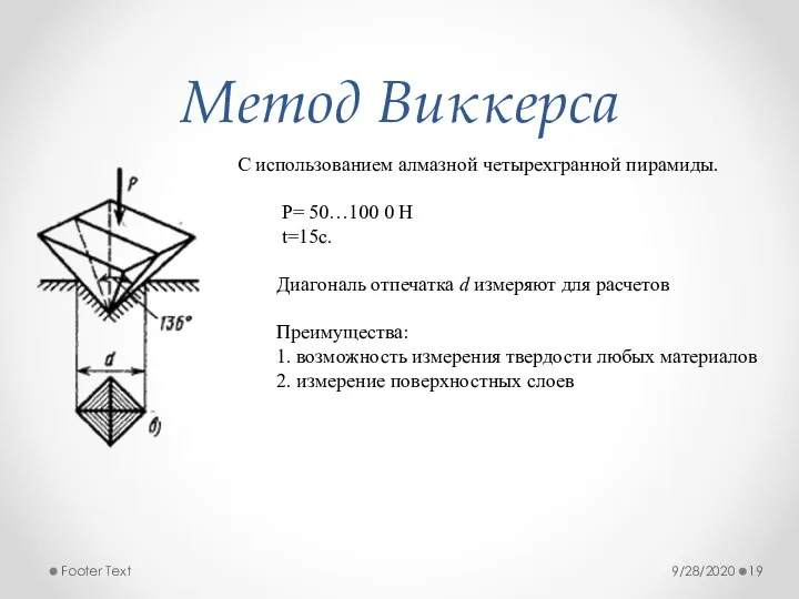 Метод Виккерса 9/28/2020 Footer Text С использованием алмазной четырехгранной пирамиды. Р= 50…100