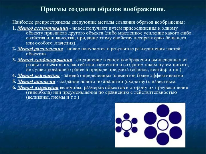 Приемы создания образов воображения. Наиболее распространены следующие методы создания образов воображения: 1.