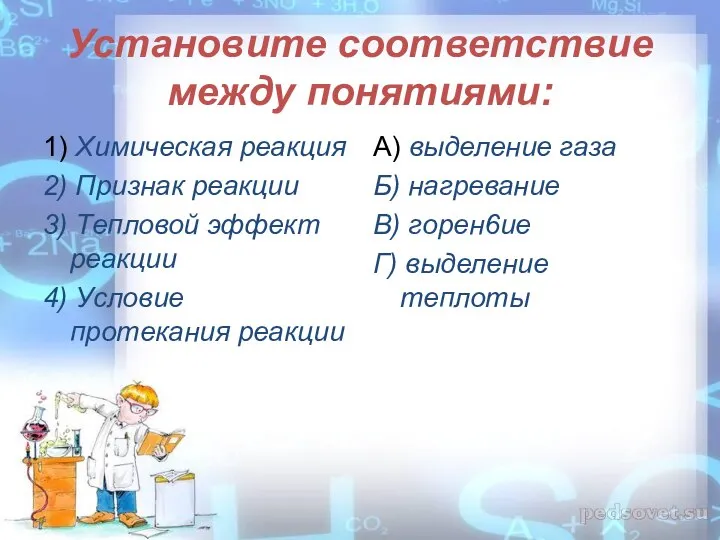 Установите соответствие между понятиями: 1) Химическая реакция 2) Признак реакции 3) Тепловой