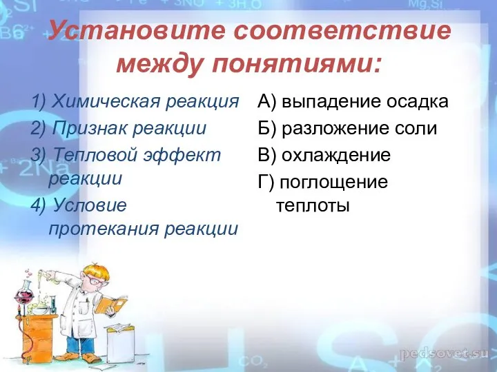 Установите соответствие между понятиями: 1) Химическая реакция 2) Признак реакции 3) Тепловой