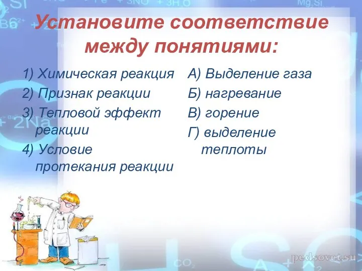 Установите соответствие между понятиями: 1) Химическая реакция 2) Признак реакции 3) Тепловой