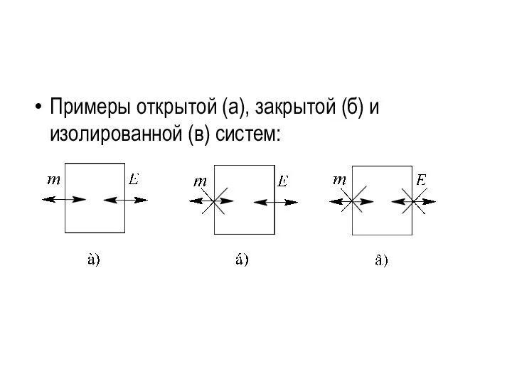 Примеры открытой (а), закрытой (б) и изолированной (в) систем: