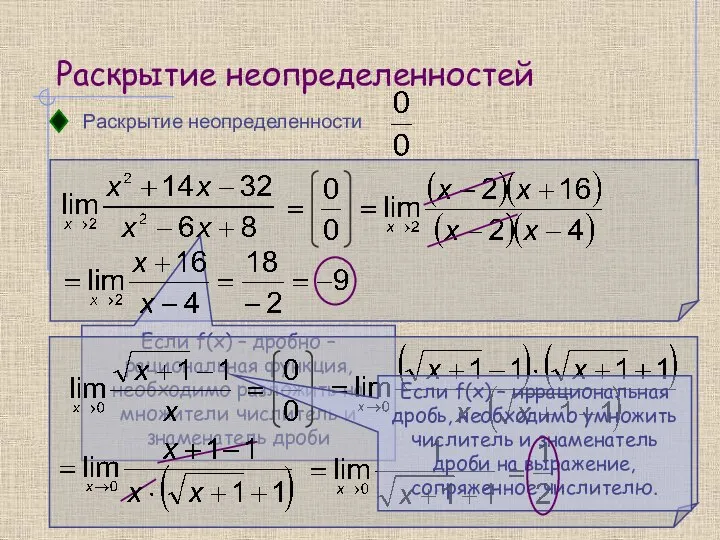 Раскрытие неопределенностей Раскрытие неопределенности Если f(x) – дробно – рациональная функция, необходимо