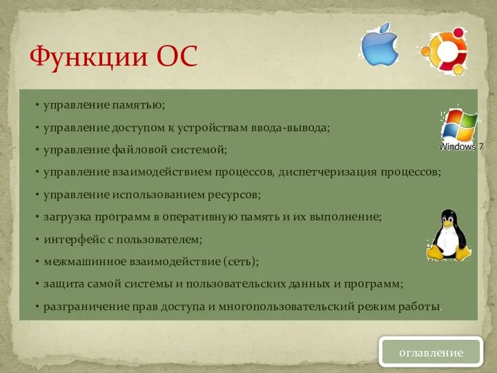 Функции ОС управление памятью; управление доступом к устройствам ввода-вывода; управление файловой системой;