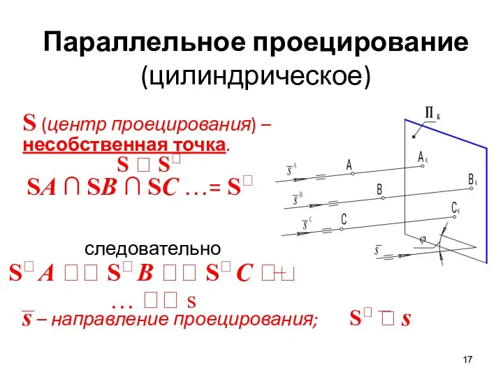 Параллельное проецирование (цилиндрическое) S (центр проецирования) – несобственная точка. S  S