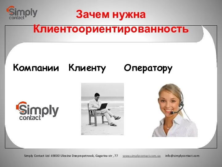 Компании Клиенту Оператору Зачем нужна Клиентоориентированность Simply Contact Ltd 49000 Ukraine Dnepropetrovsk,